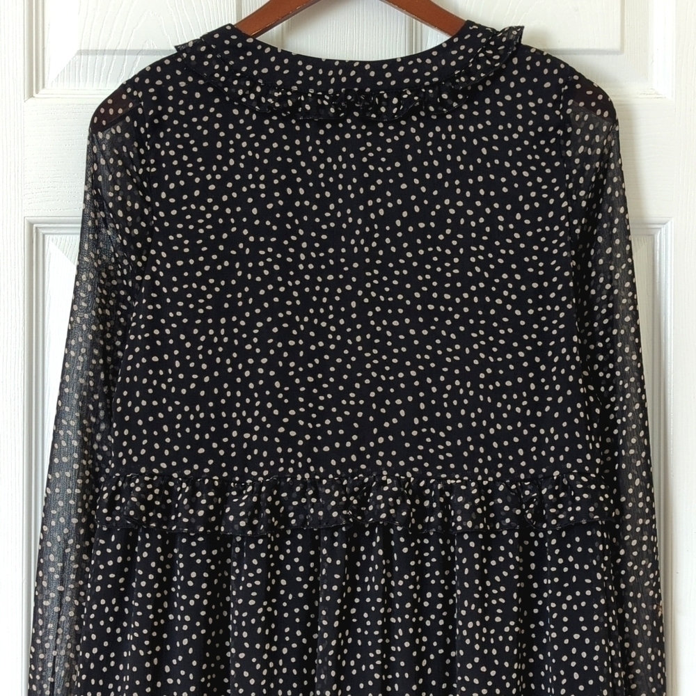 Zara Speckled Ruffled Trim V-neck Long Sleeve Button Down Mini Dress Black Small - Picture 12 of 12
